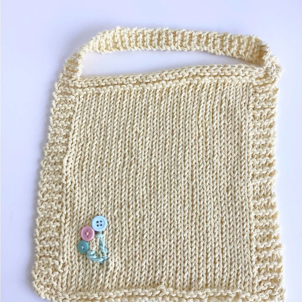 Baby Bib Set Hand Crafted Washcloth Cotton Yellow Green Unisex Floral Knit